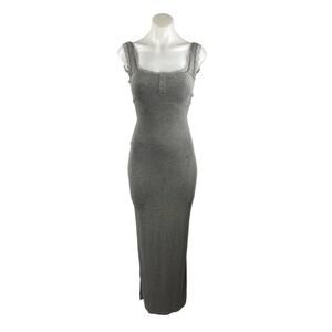 Popilush Gray Lace Trim Henley Rib Knit Square Neck Cami Maxi Bodycon Dress XS